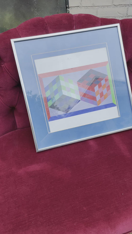 Geometric Framed Neon Cube Art with Blue Matting