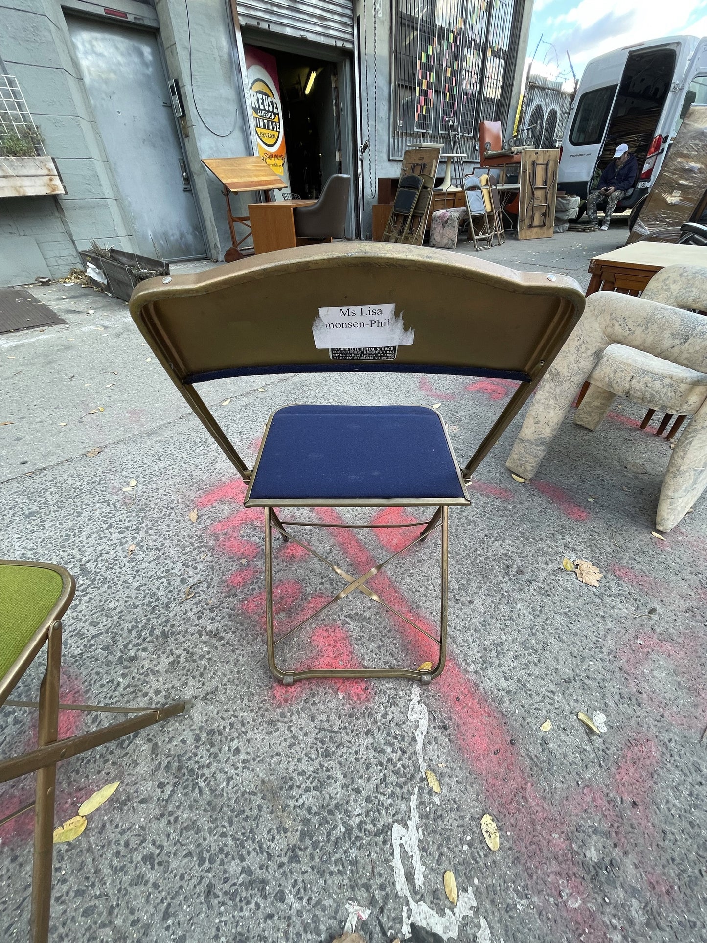 Set of 6 Brass Folding Chairs - Blue Indigo