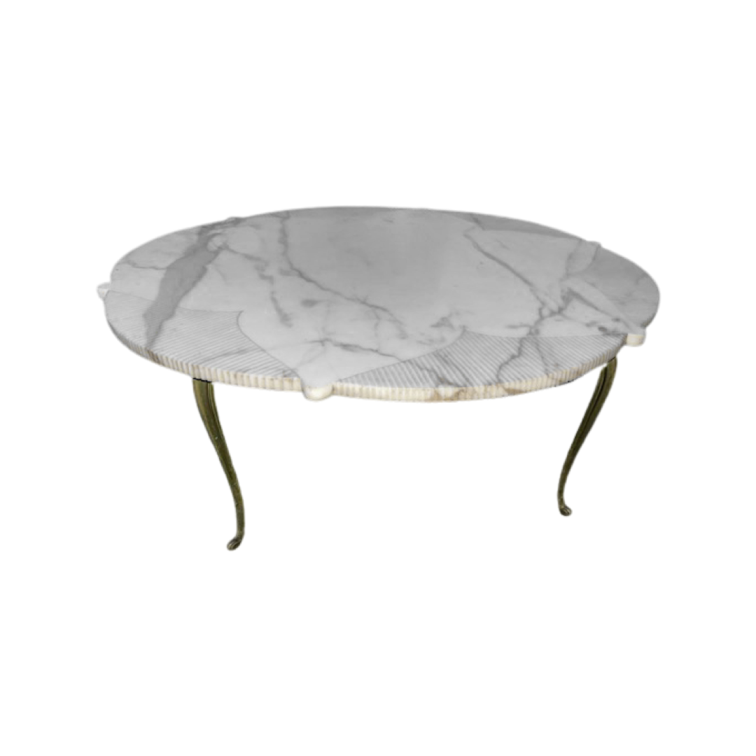 Italian Mid Century Circular Star Form White Marble Coffee Table with Brass Legs Circa 1950s