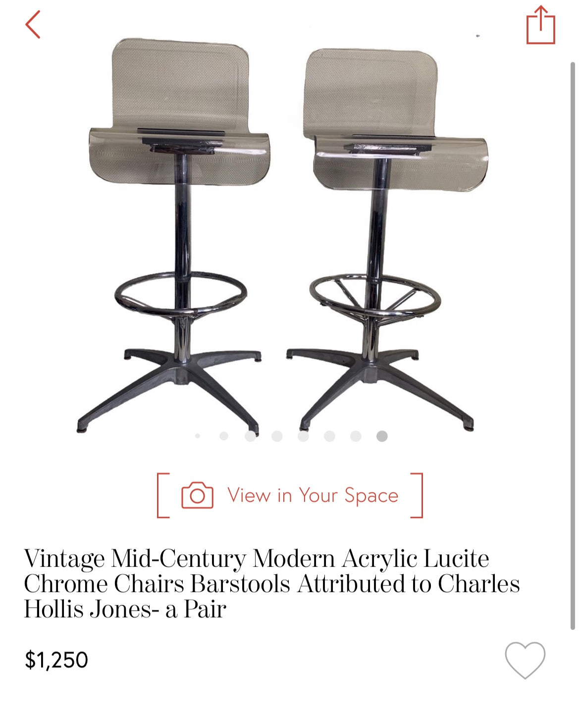 Pair of Bent Lucite and Chrome Counter Height Bar Stools - Attributed to Charles Hollis Jones Unsigned