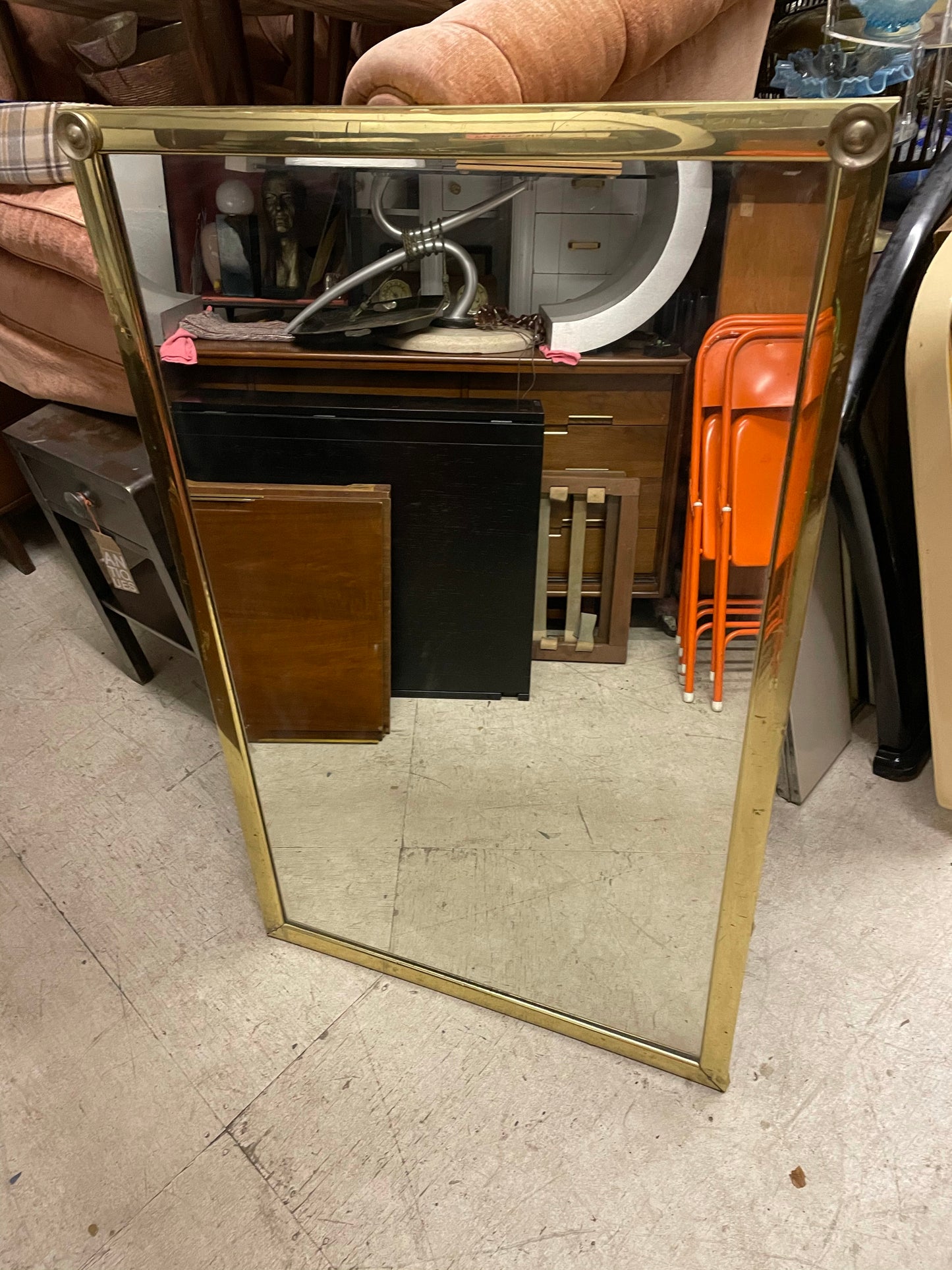 Oversized Brass Framed Mirror with Art Deco Detail - 33x53”