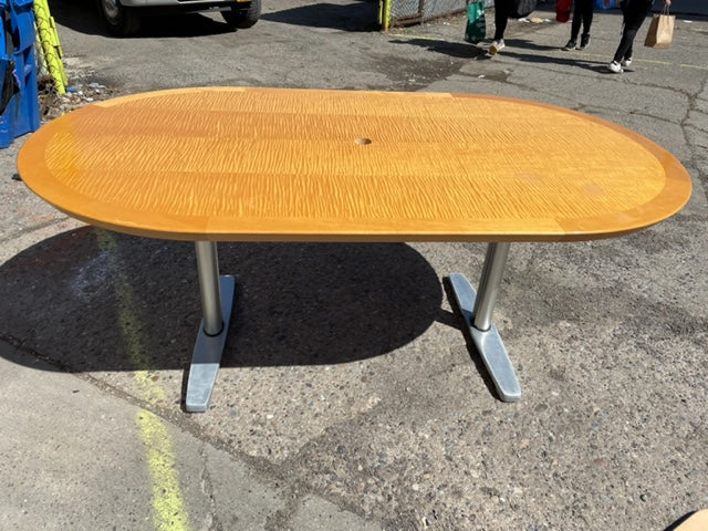 Tiger Maple Racetrack Shaped and Chrome Dining Table