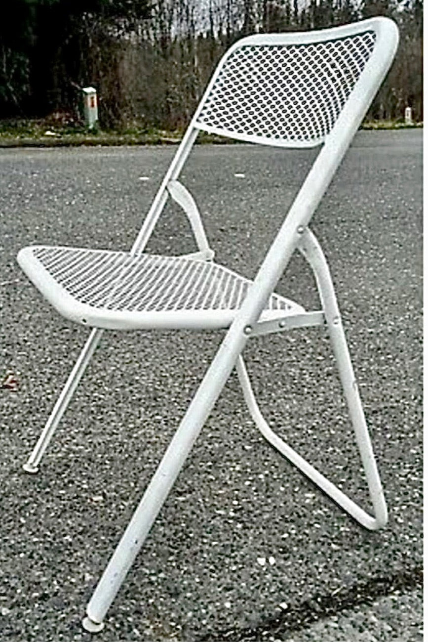 Pair of Vintage Mid Century Modern Rid-Gid Metal Mesh Folding Chairs By Salterini - White