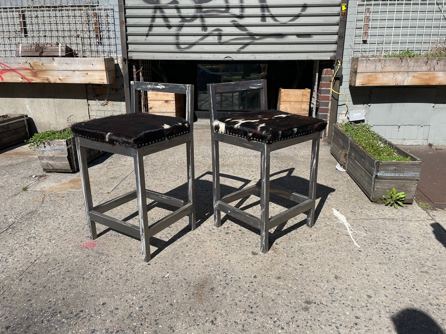 Pair of Steel and Pony Skin Counter Height Stools