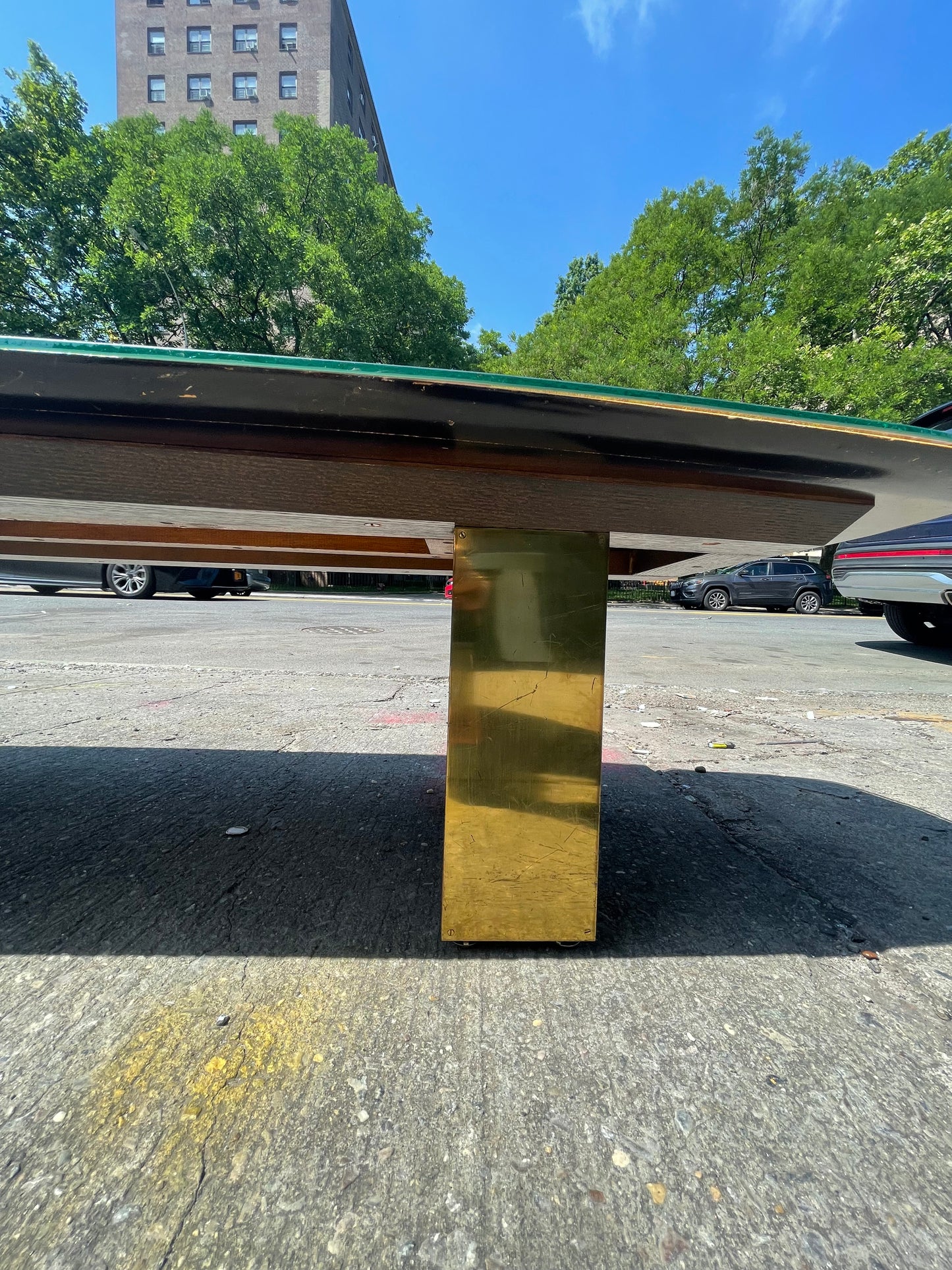 Surfboard Shaped Coffee Table With Marble Inlay and Brass Legs