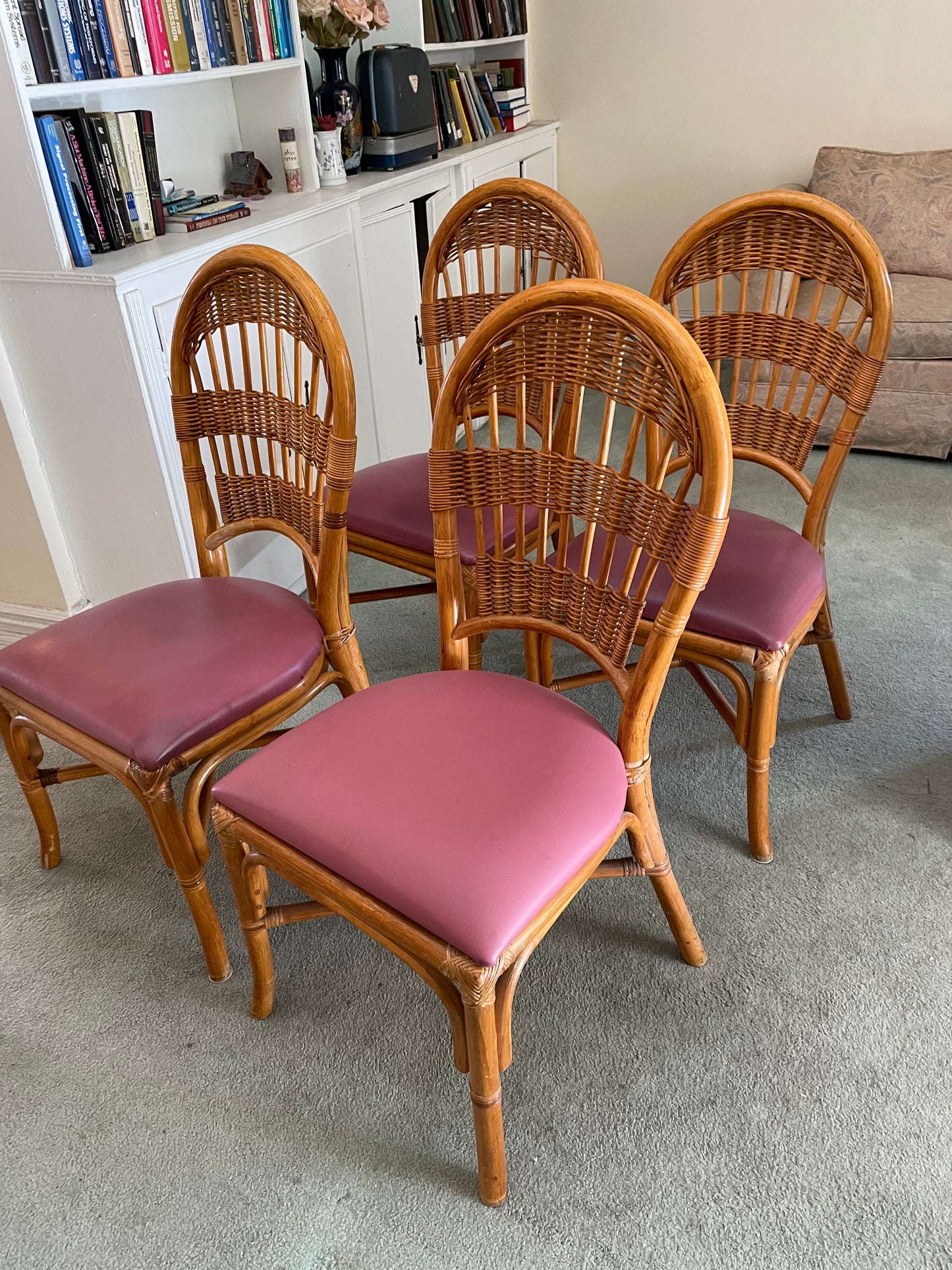 Peacock Medallion Bentwood Rattan Dining Chairs With Pink Cushions -Set/4