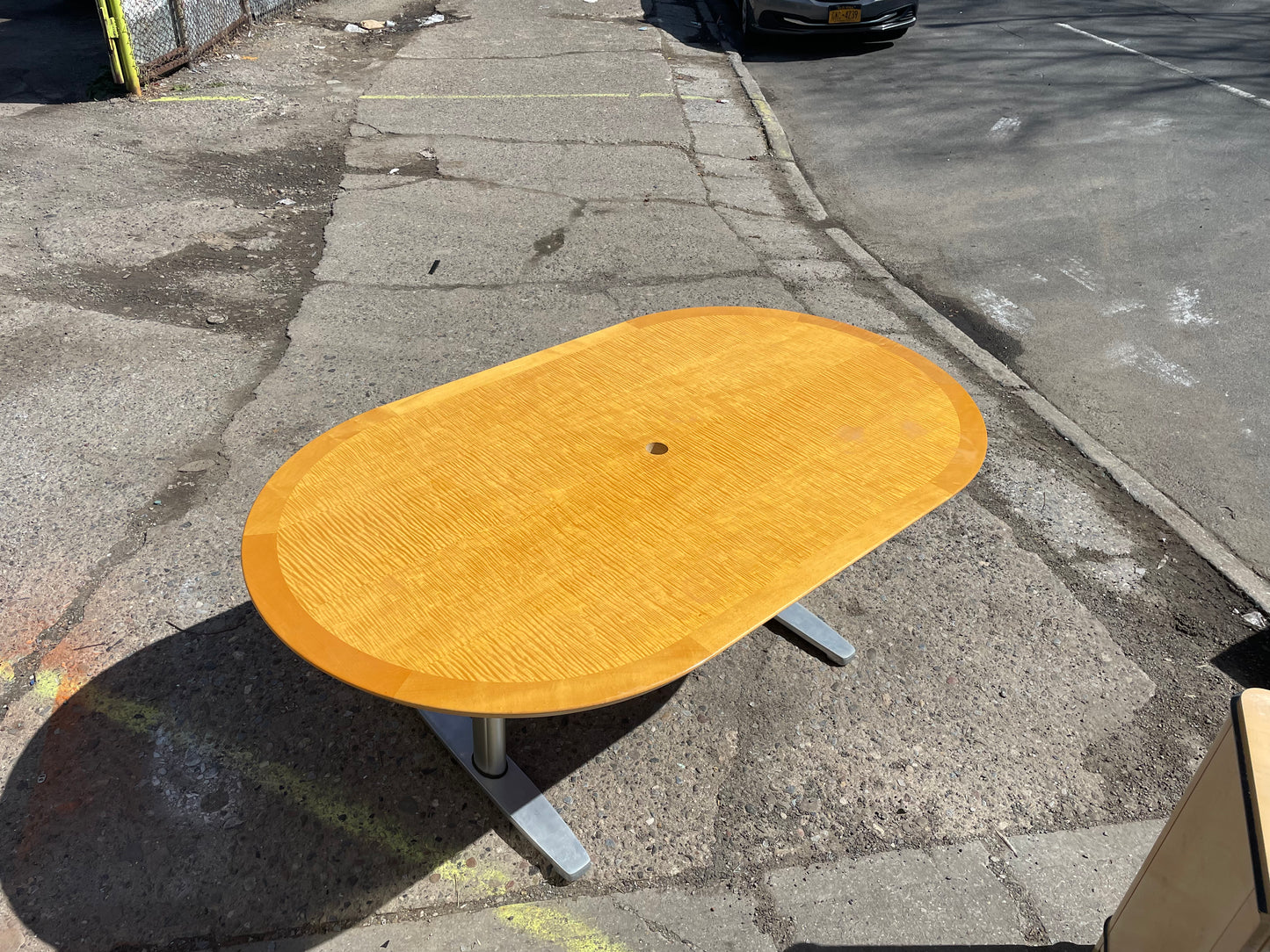 Tiger Maple Racetrack Shaped and Chrome Dining Table