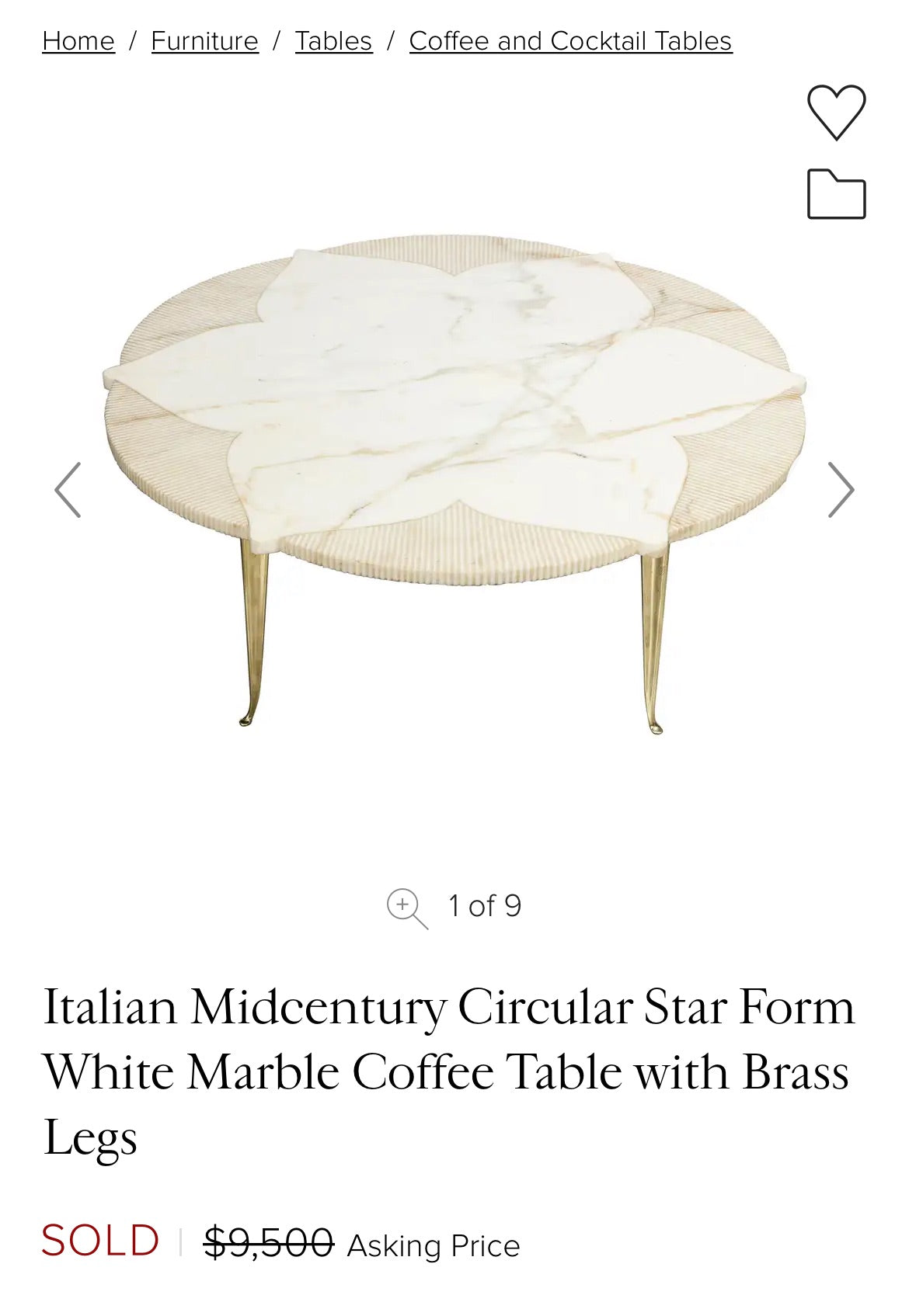 Italian Mid Century Circular Star Form White Marble Coffee Table with Brass Legs Circa 1950s