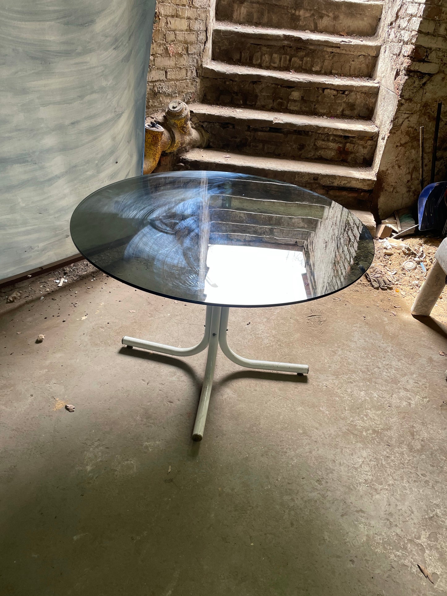 Smoked Glass Round Kitchen Table with White Metal Base