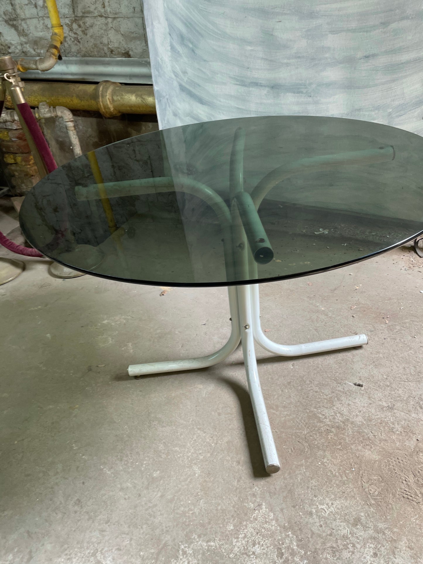 Smoked Glass Round Kitchen Table with White Metal Base