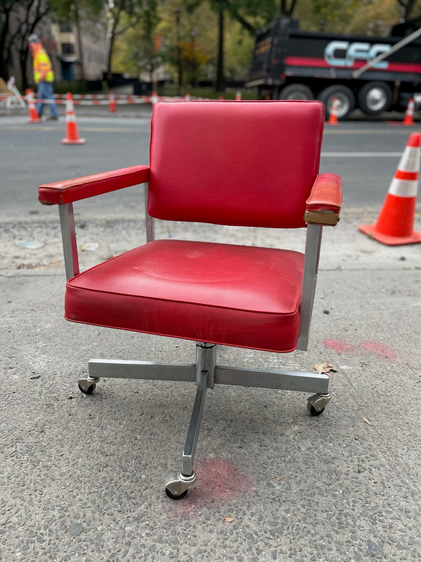 MCM Red Vinyl Square Rolling Desk Chair