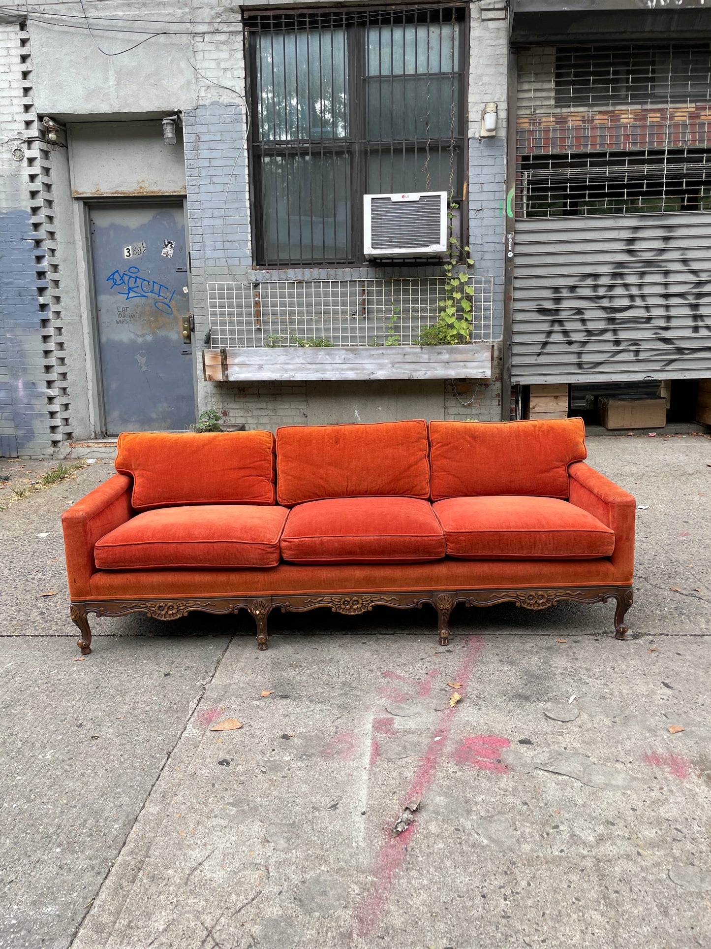 Orange Velvet Corduroy Antique Wood Framed Sofa