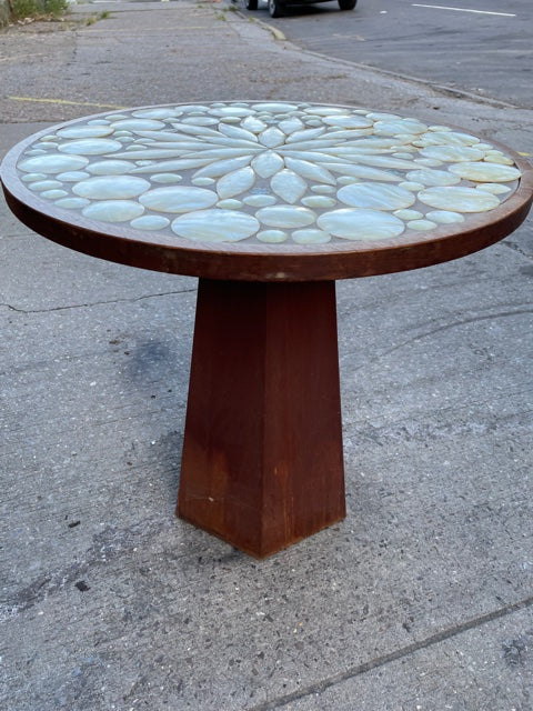 Gorgeous MCM Tue Poulsen Style Wood and Mother of Pearl Inlayed Mosiac Pedestal Side Table