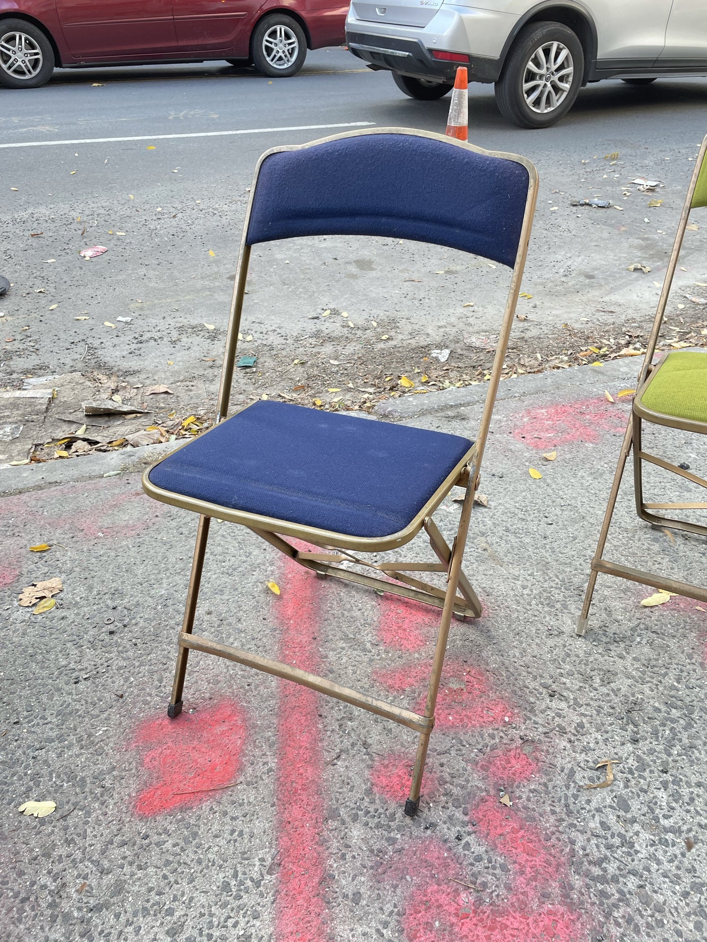 Set of 6 Brass Folding Chairs - Blue Indigo