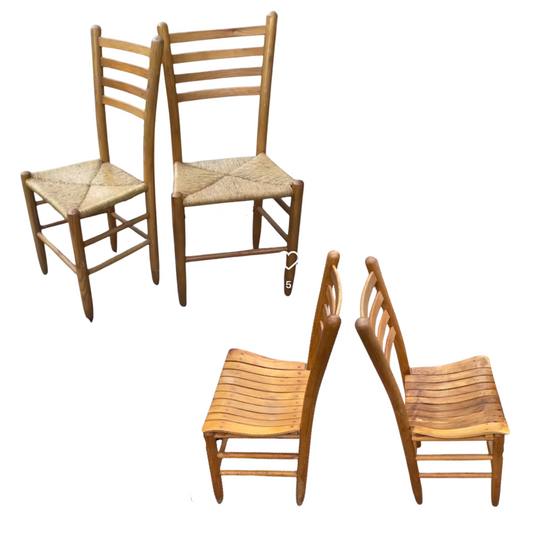 Pair of Vintage Blonde Solid Wood Rush and Slatted Wood Base Chairs