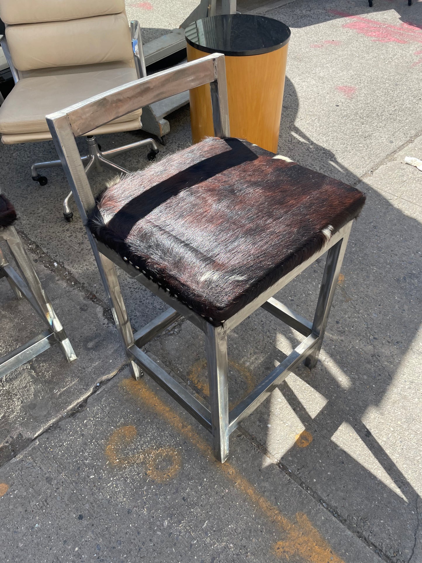 Pair of Steel and Pony Skin Counter Height Stools