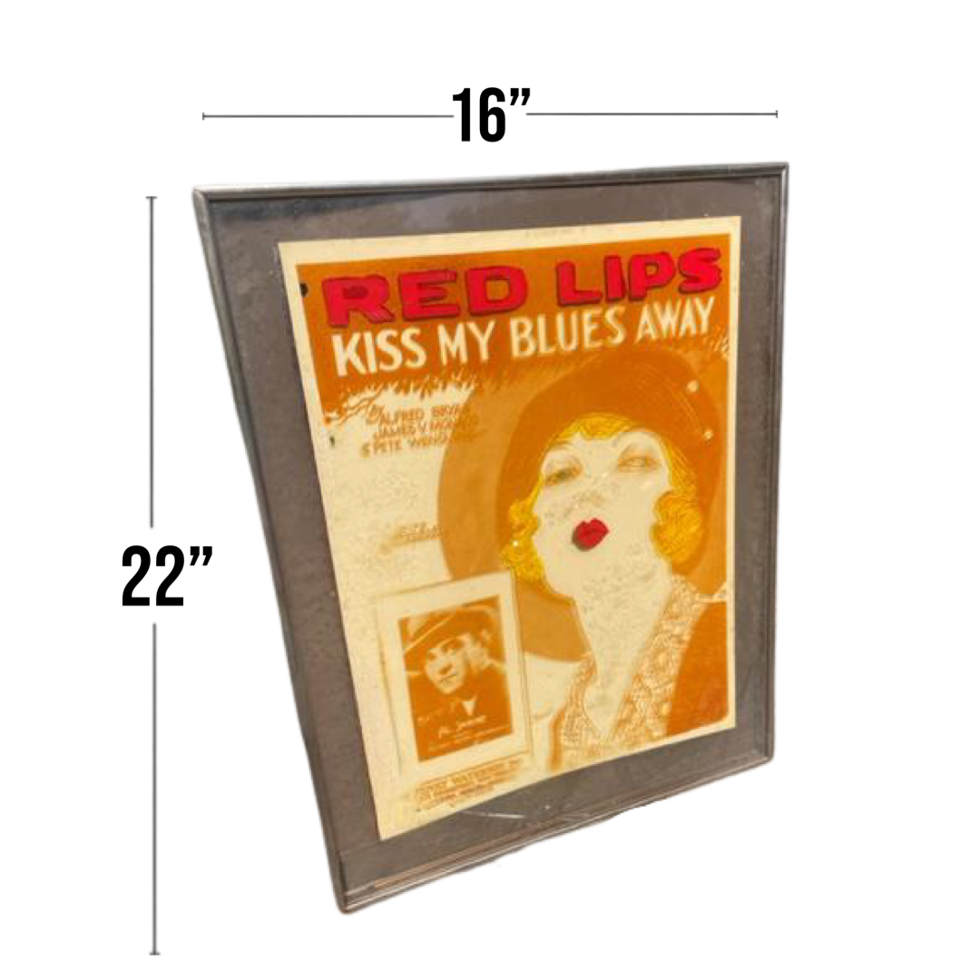 Vintage 1972 Lucid Lines Inc Glass Art of "Red Lips Kiss My Blues Away 1927" Framed Wall Art