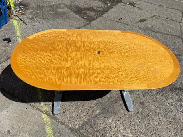 Tiger Maple Racetrack Shaped and Chrome Dining Table