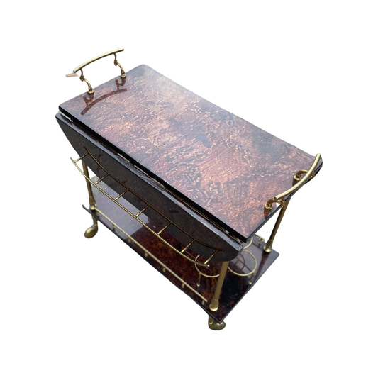 From the Estate of Waldorf Astoria Aldo Turo Drop Leaf Folding Brass and Lacquer Bar Cart