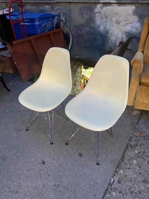 Off White Plastic Molded Eames Style Eiffel Tower Base Chairs