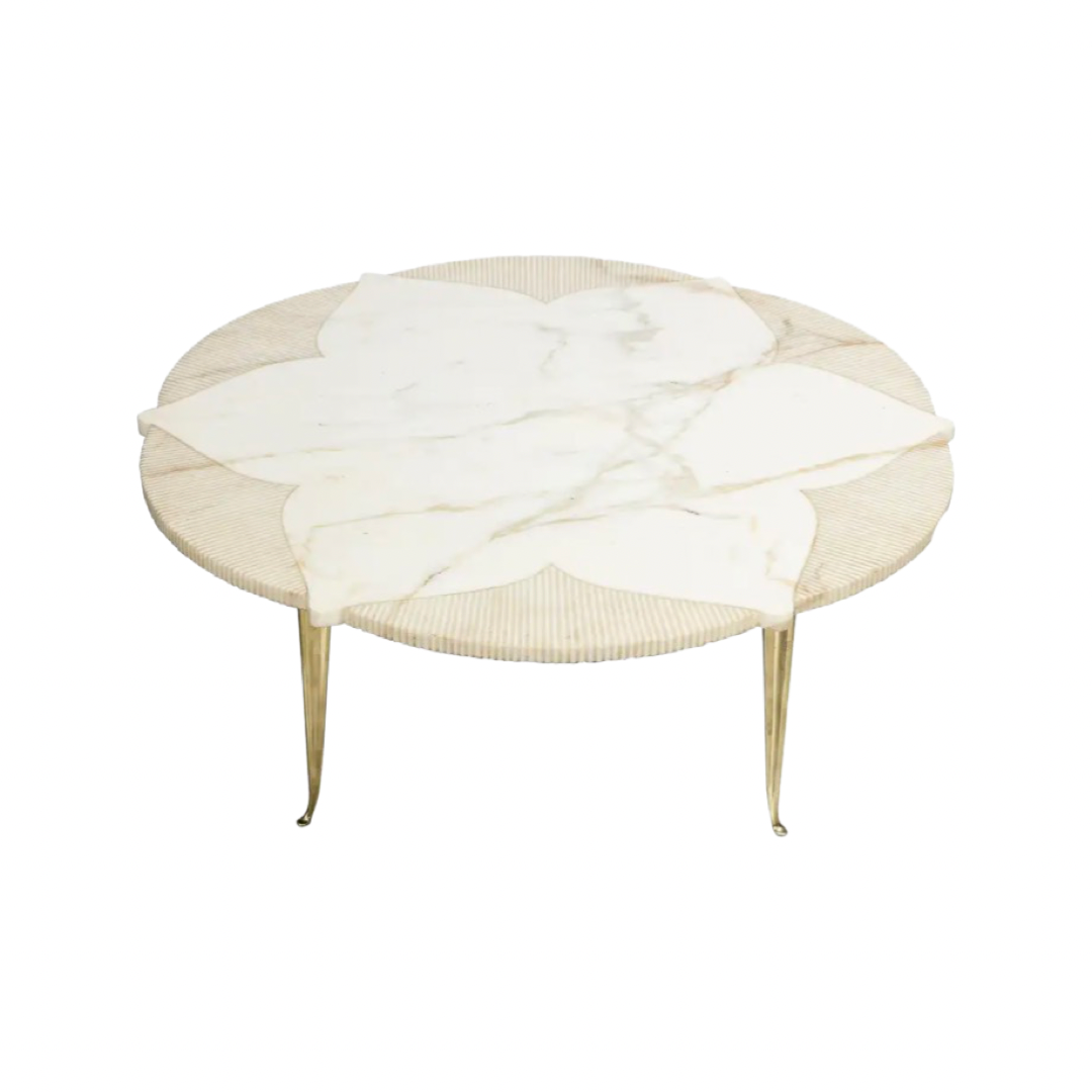 Italian Mid Century Circular Star Form White Marble Coffee Table with Brass Legs Circa 1950s