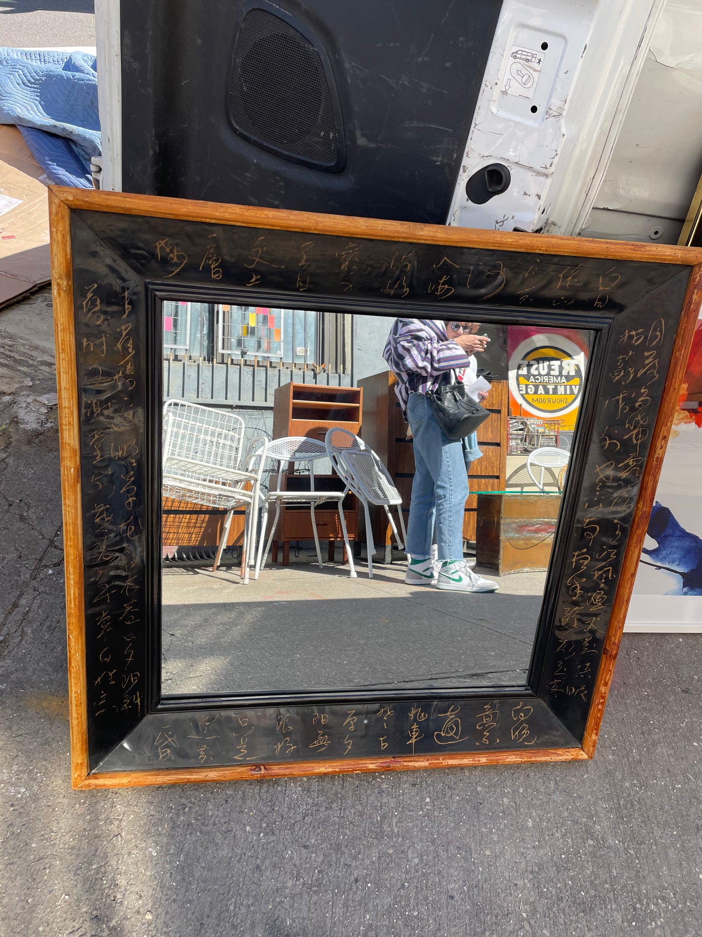 Asian Tin Square Calligraphy Wood Framed Mirror 35x36” tall