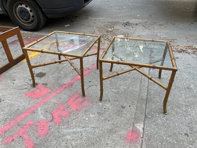 Pair of Hollywood Regency Metal and Glass Bamboo Square Side or Coffee Tables