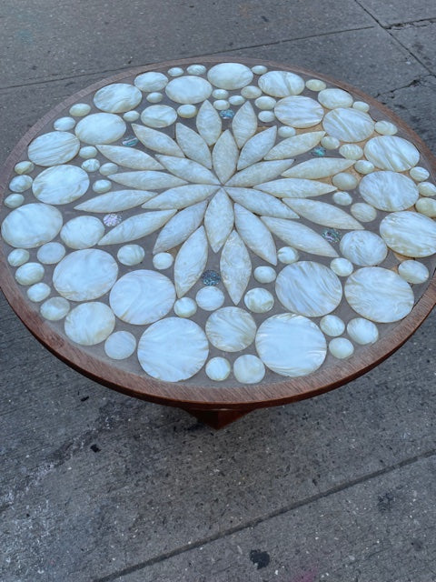 Gorgeous MCM Tue Poulsen Style Wood and Mother of Pearl Inlayed Mosiac Pedestal Side Table