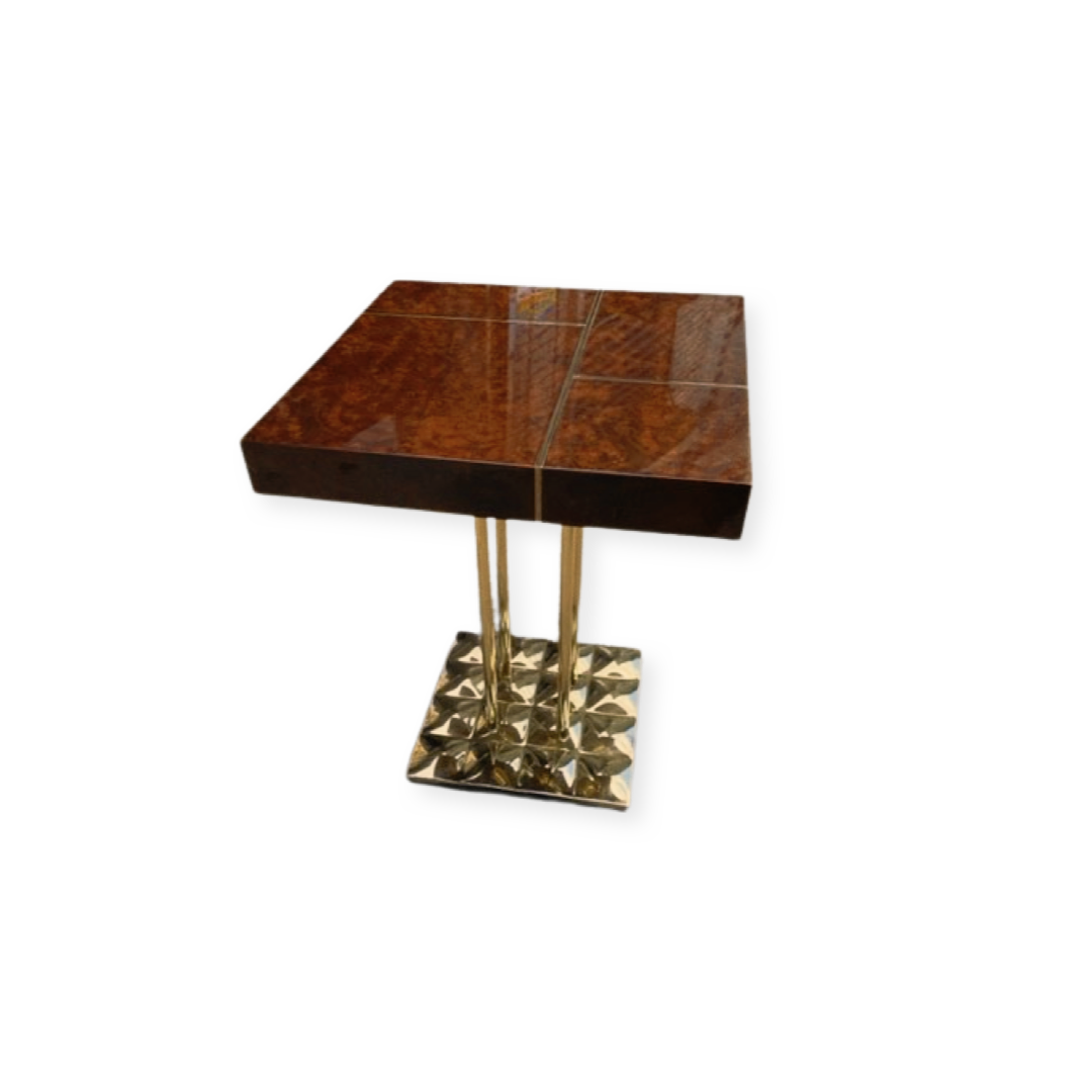 Pair of Decca Home Tristan Square Side Table with Walnut Burl Top and Spray Gold Chrome Base Designed by Dakota Jackson (Priced Individually)