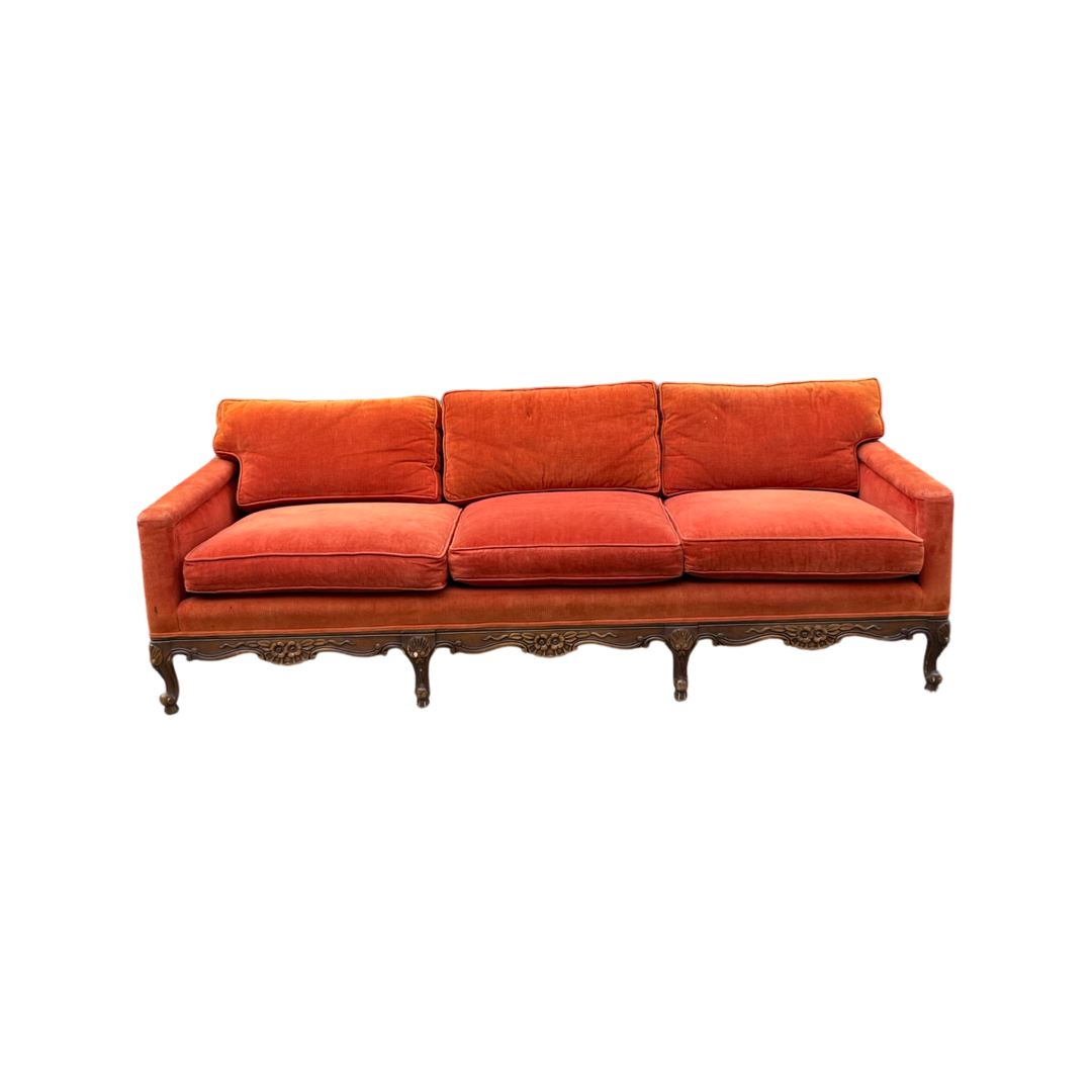 Orange Velvet Corduroy Antique Wood Framed Sofa