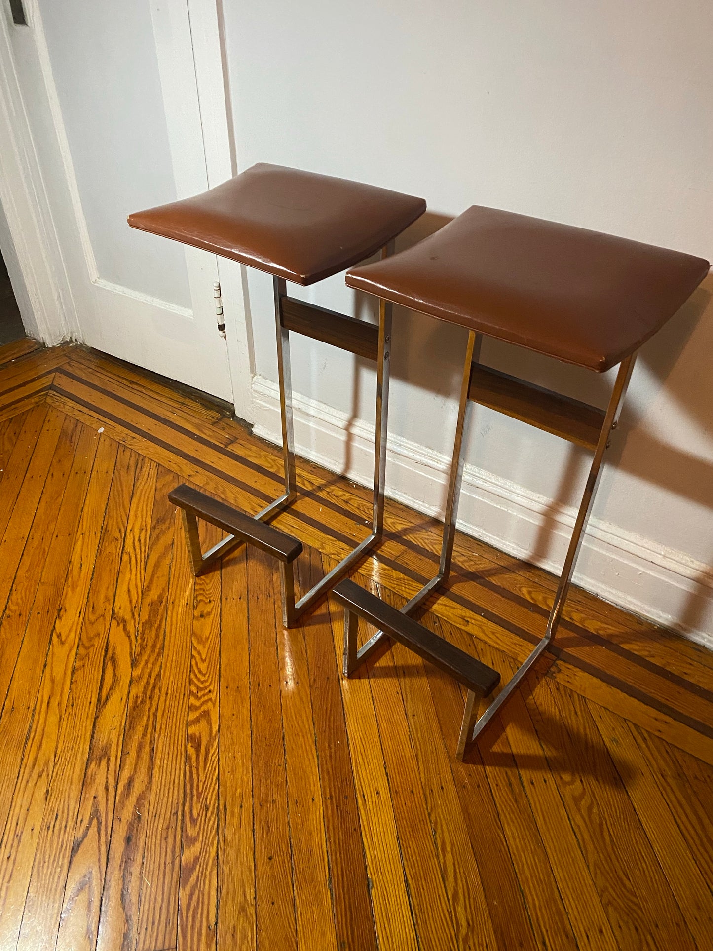 Pair of Cognac Brown and Chrome Italian Bar Stools