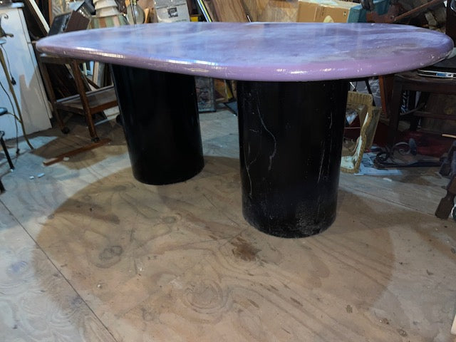 Postmodern Painted Raceway Shaped Dining Table with Double Black Drum Base