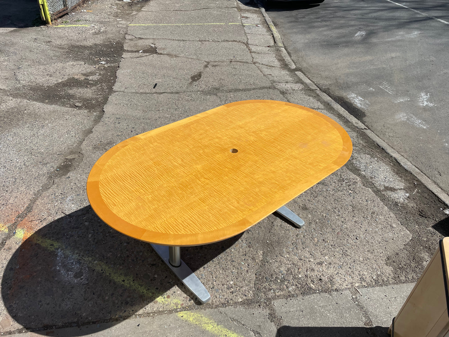 Tiger Maple Racetrack Shaped and Chrome Dining Table