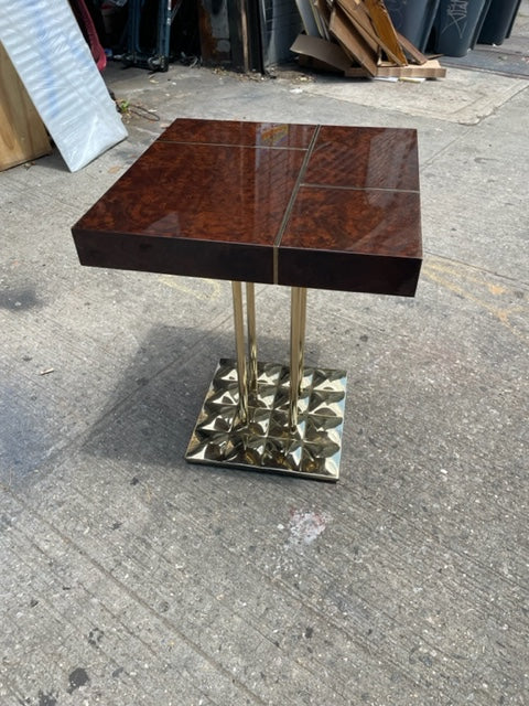 Pair of Decca Home Tristan Square Side Table with Walnut Burl Top and Spray Gold Chrome Base Designed by Dakota Jackson (Priced Individually)