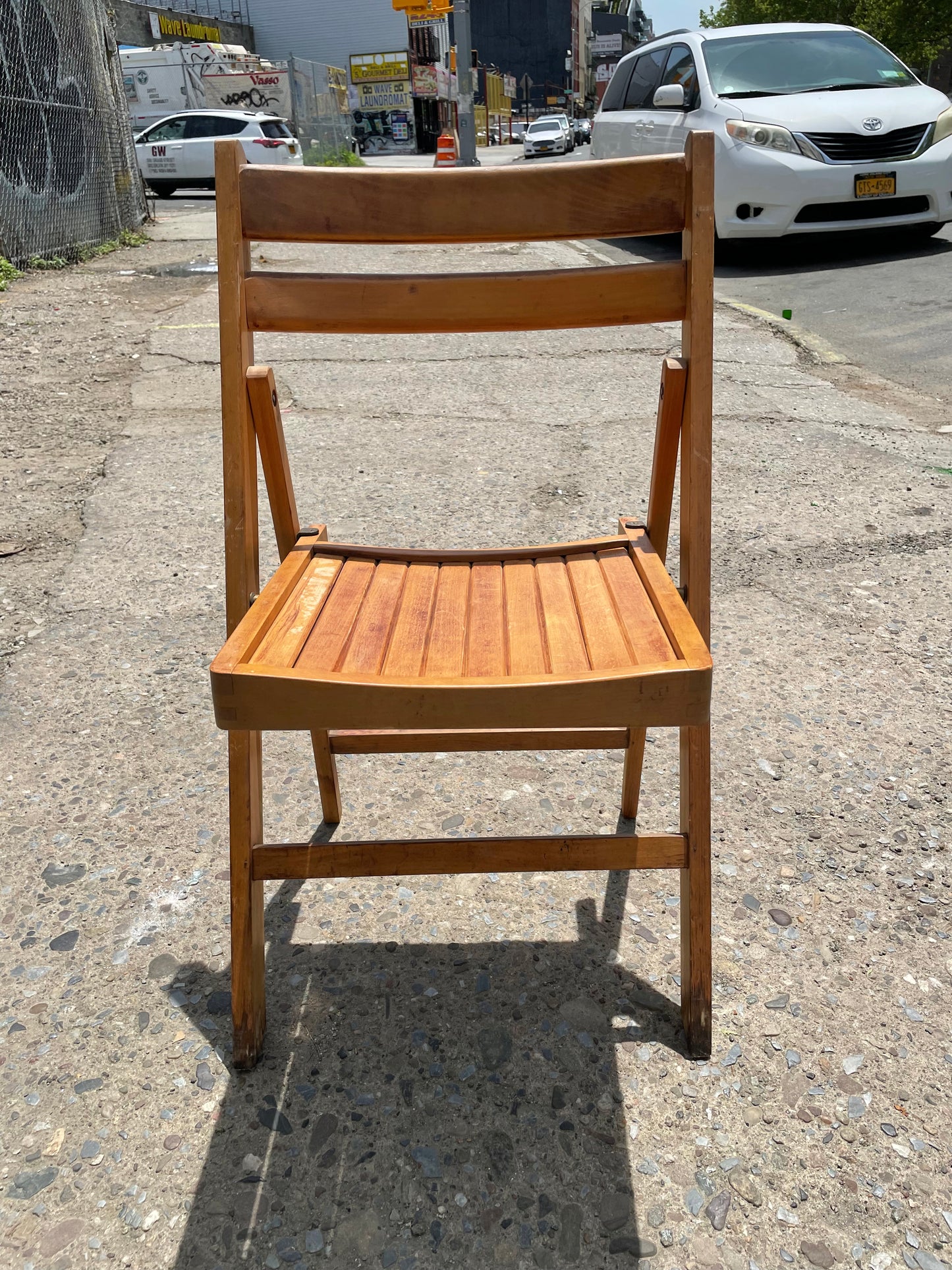 Medium Dark Wood Slatted Dining Chairs (Priced Individually)