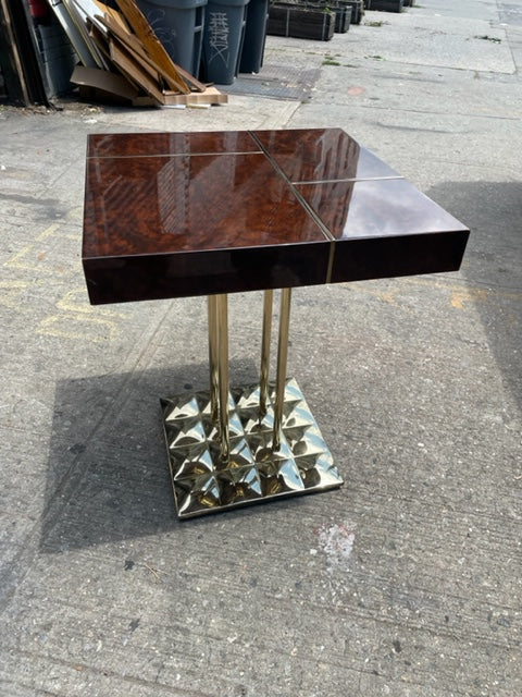 Pair of Decca Home Tristan Square Side Table with Walnut Burl Top and Spray Gold Chrome Base Designed by Dakota Jackson (Priced Individually)