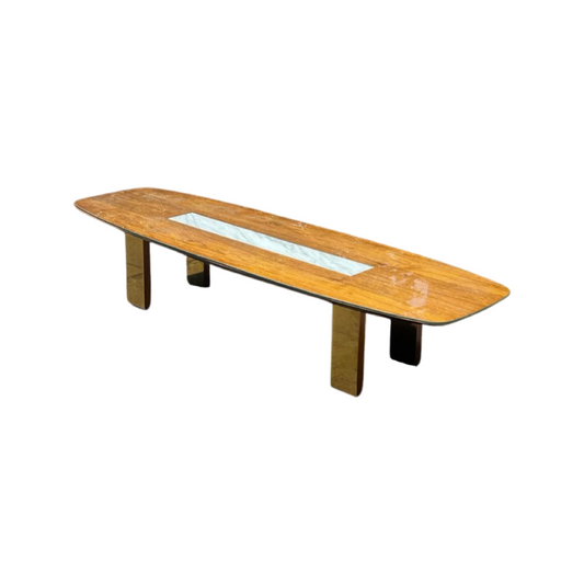 Surfboard Shaped Coffee Table With Marble Inlay and Brass Legs