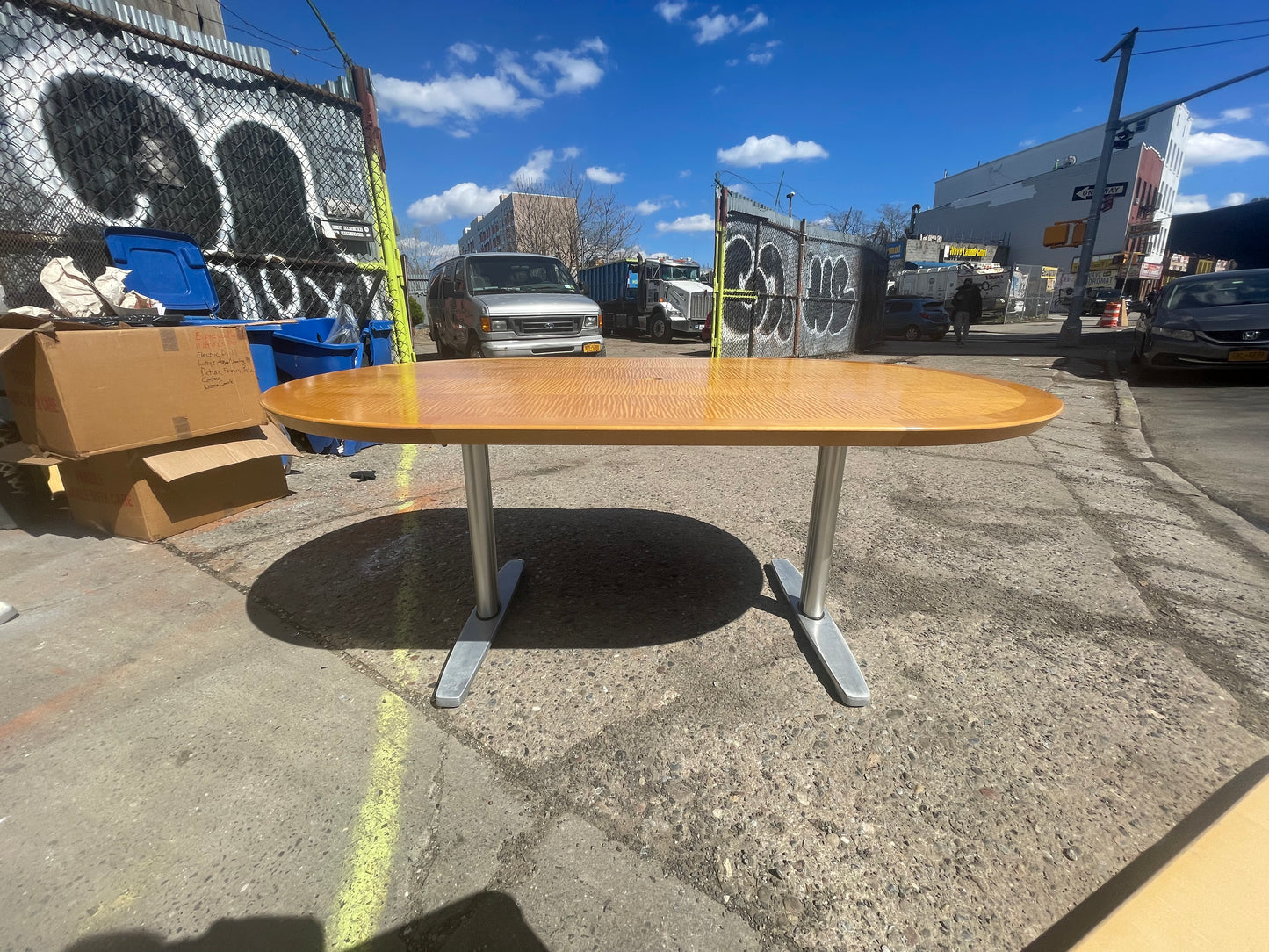 Tiger Maple Racetrack Shaped and Chrome Dining Table