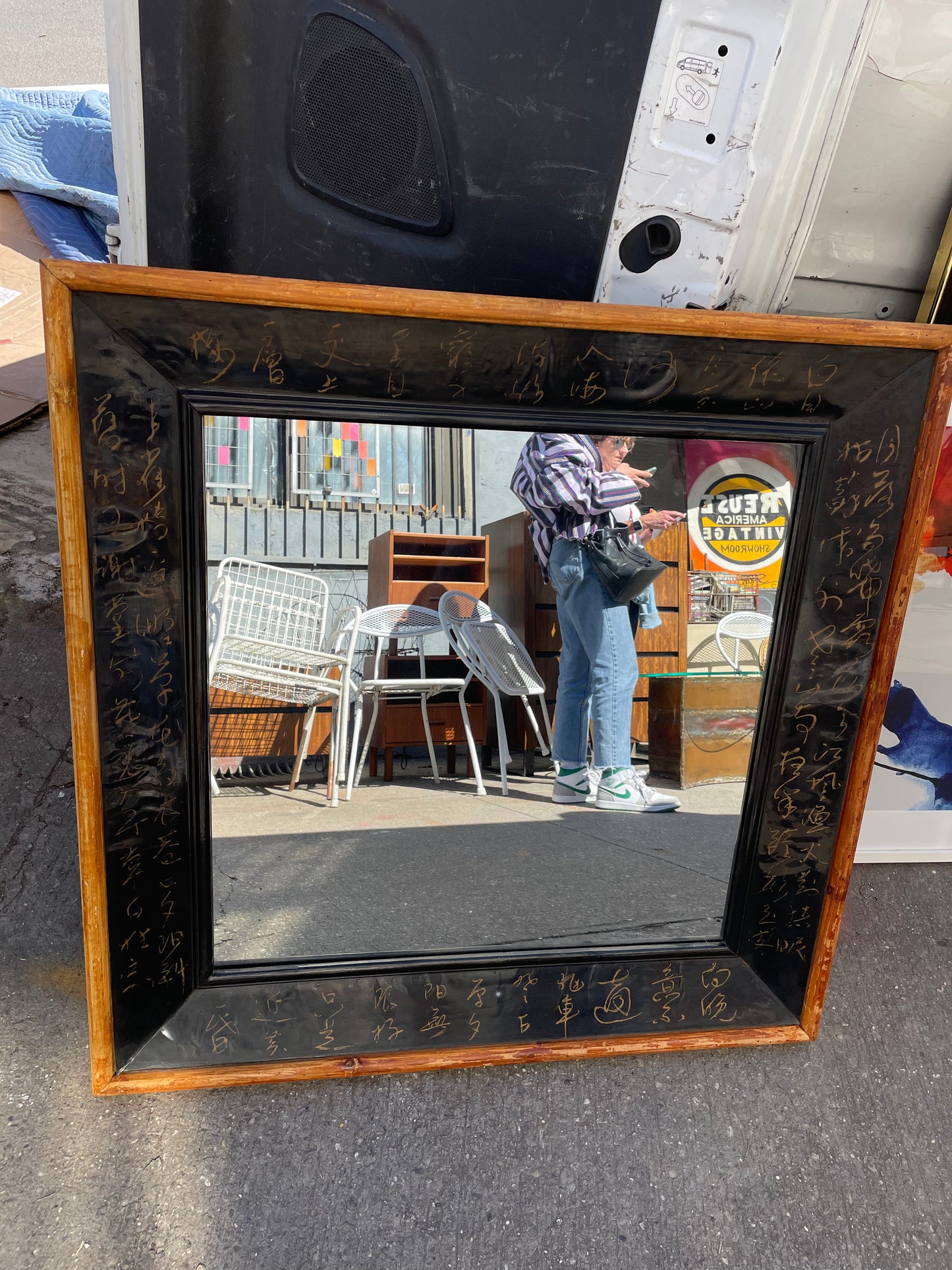 Asian Tin Square Calligraphy Wood Framed Mirror 35x36” tall