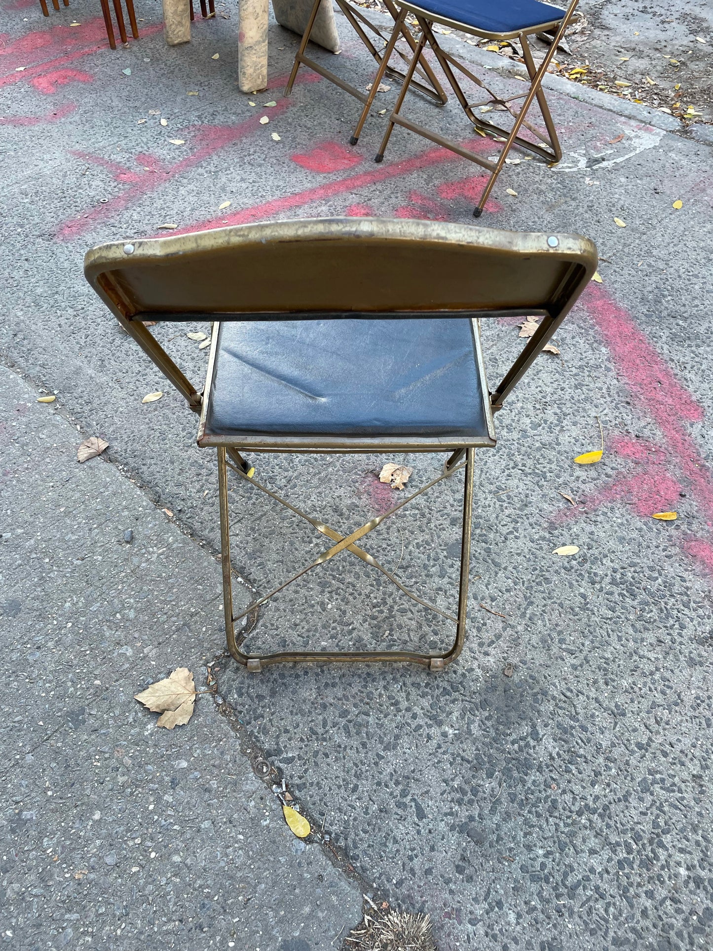 Set of 6 Brass Folding Chairs - Black Vinyl