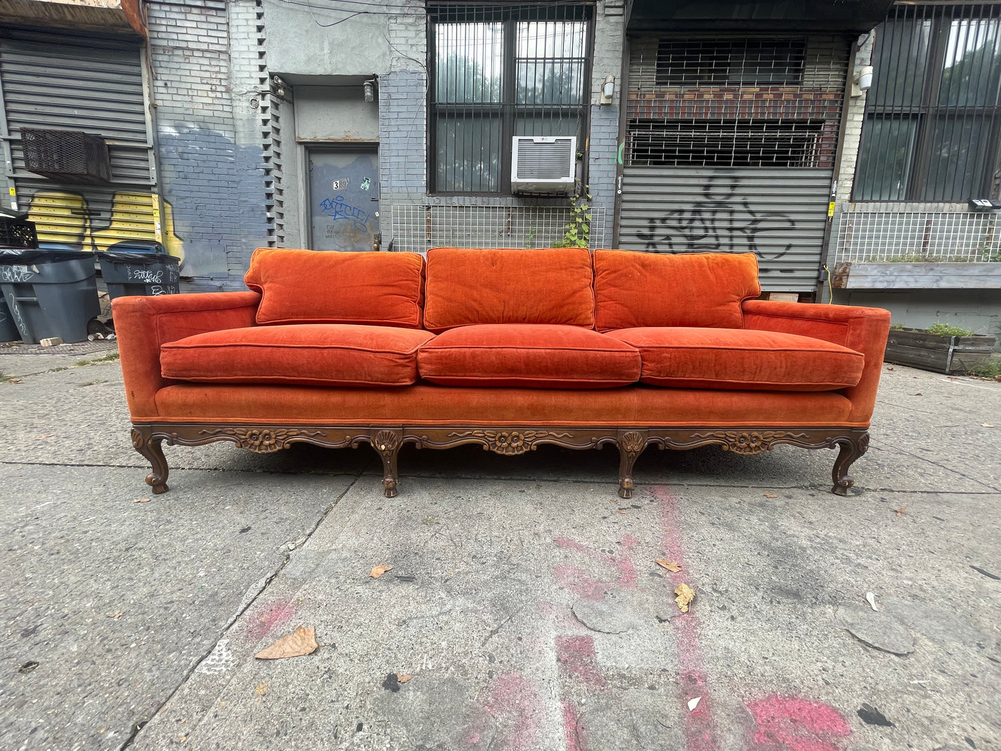 Orange Velvet Corduroy Antique Wood Framed Sofa