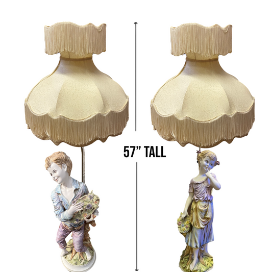 Italian Figural Boy and Girl Porcelain Floor Lamps with Shades 47” tall (Sold Individually)