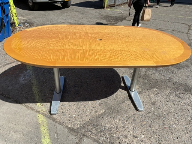 Tiger Maple Racetrack Shaped and Chrome Dining Table