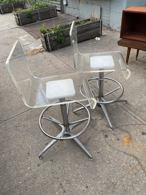 Pair of Bent Lucite and Chrome Counter Height Bar Stools - Attributed to Charles Hollis Jones Unsigned