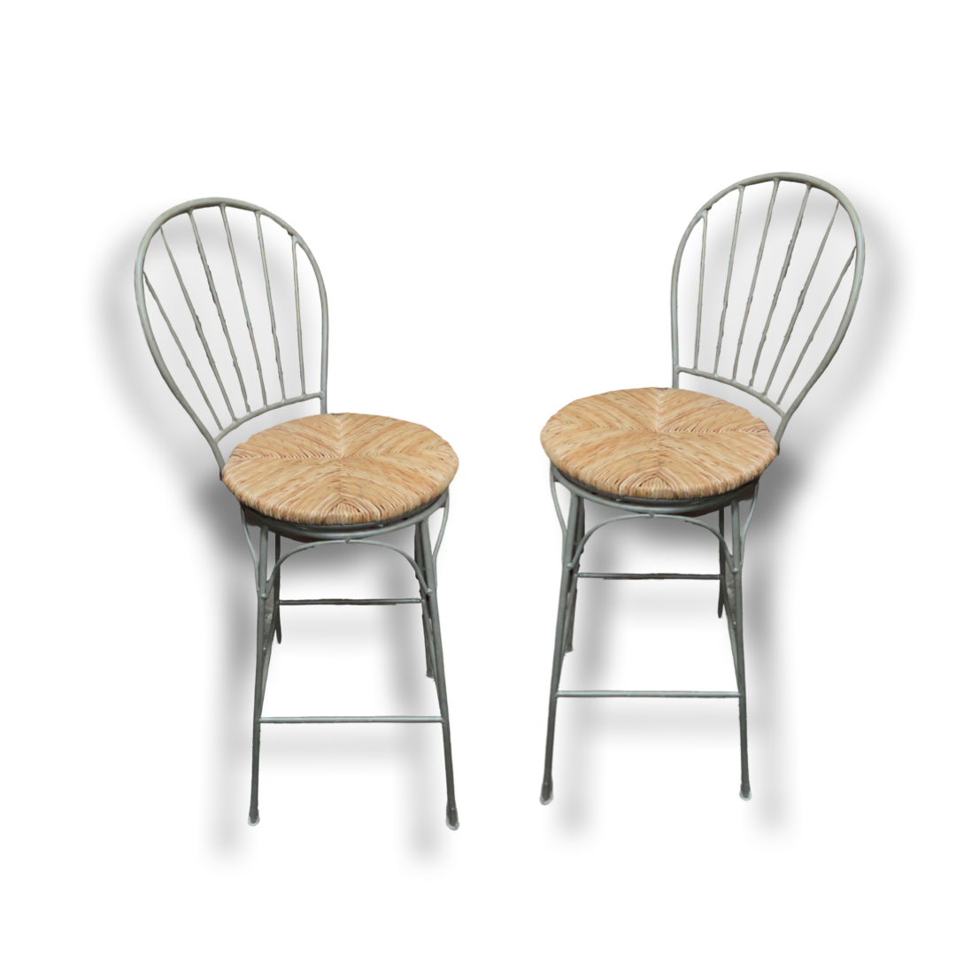 Pair of Vintage Metal and Rush Swivel Bar Stools