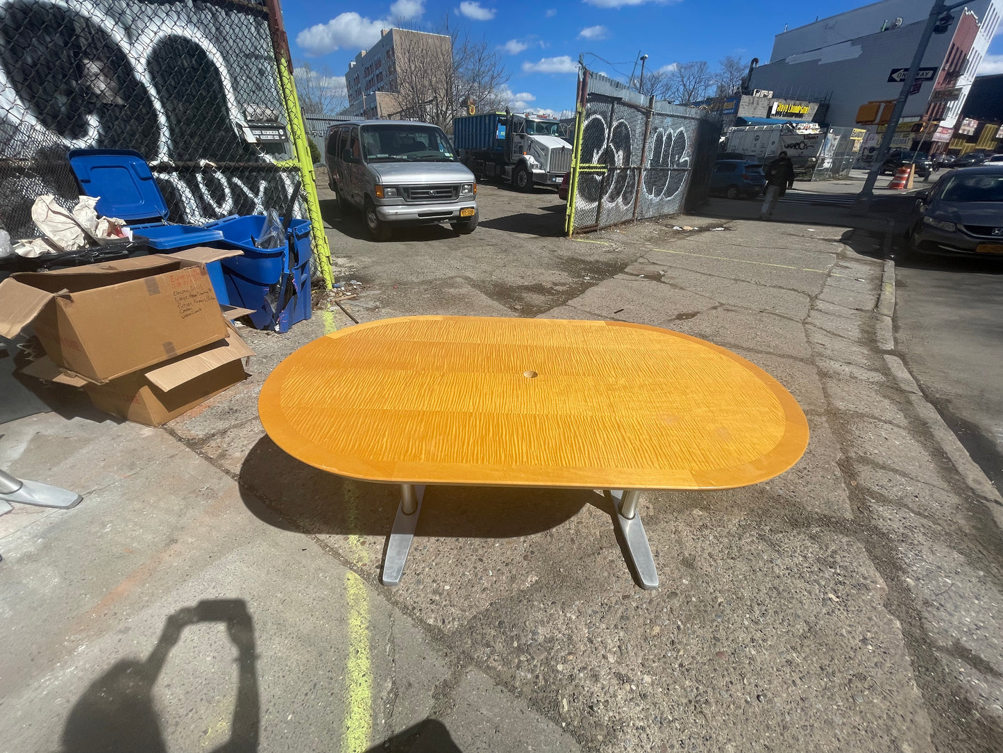 Tiger Maple Racetrack Shaped and Chrome Dining Table