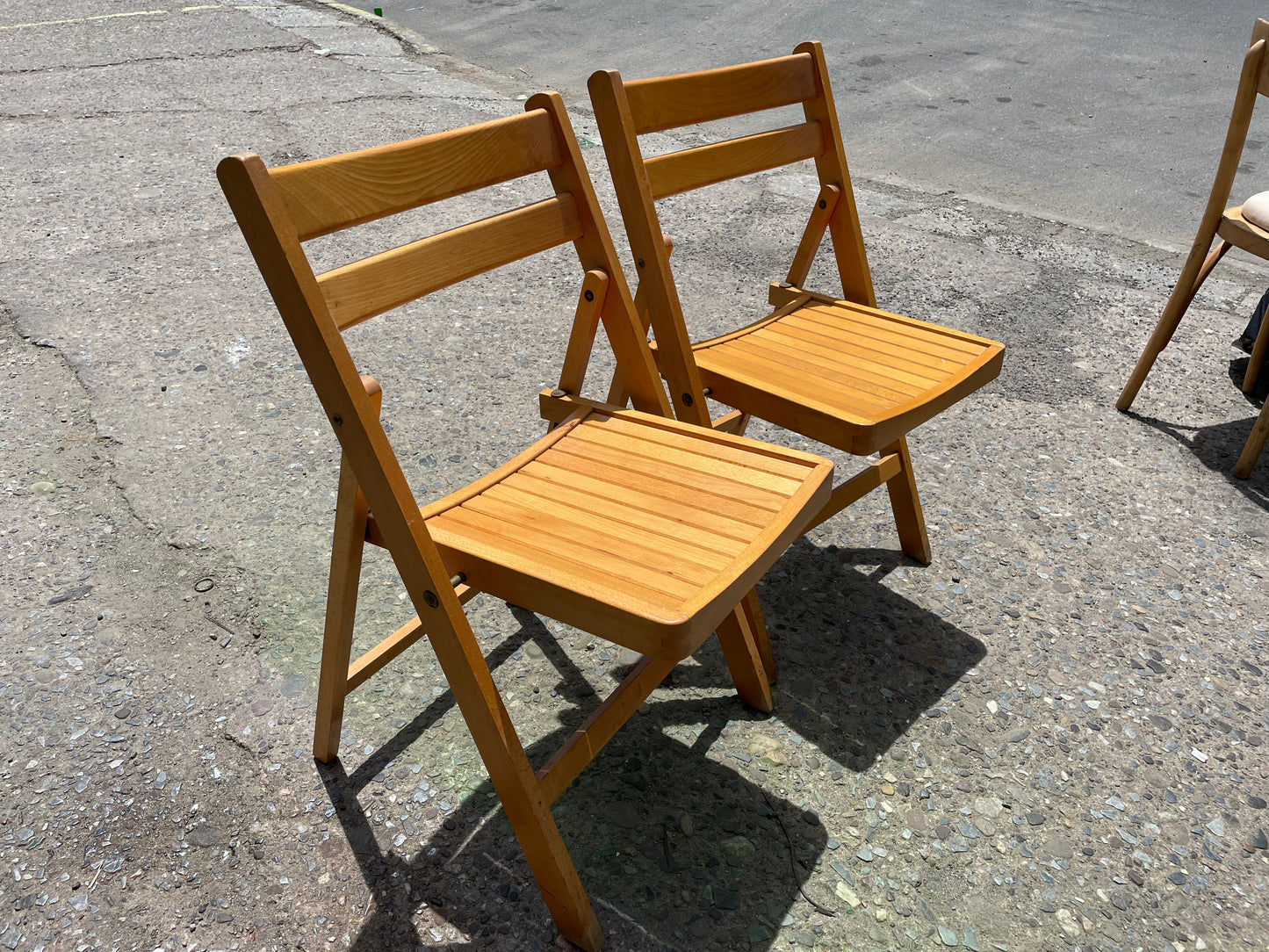 Pair of Blonde Maple Wood Slatted Dining Chairs