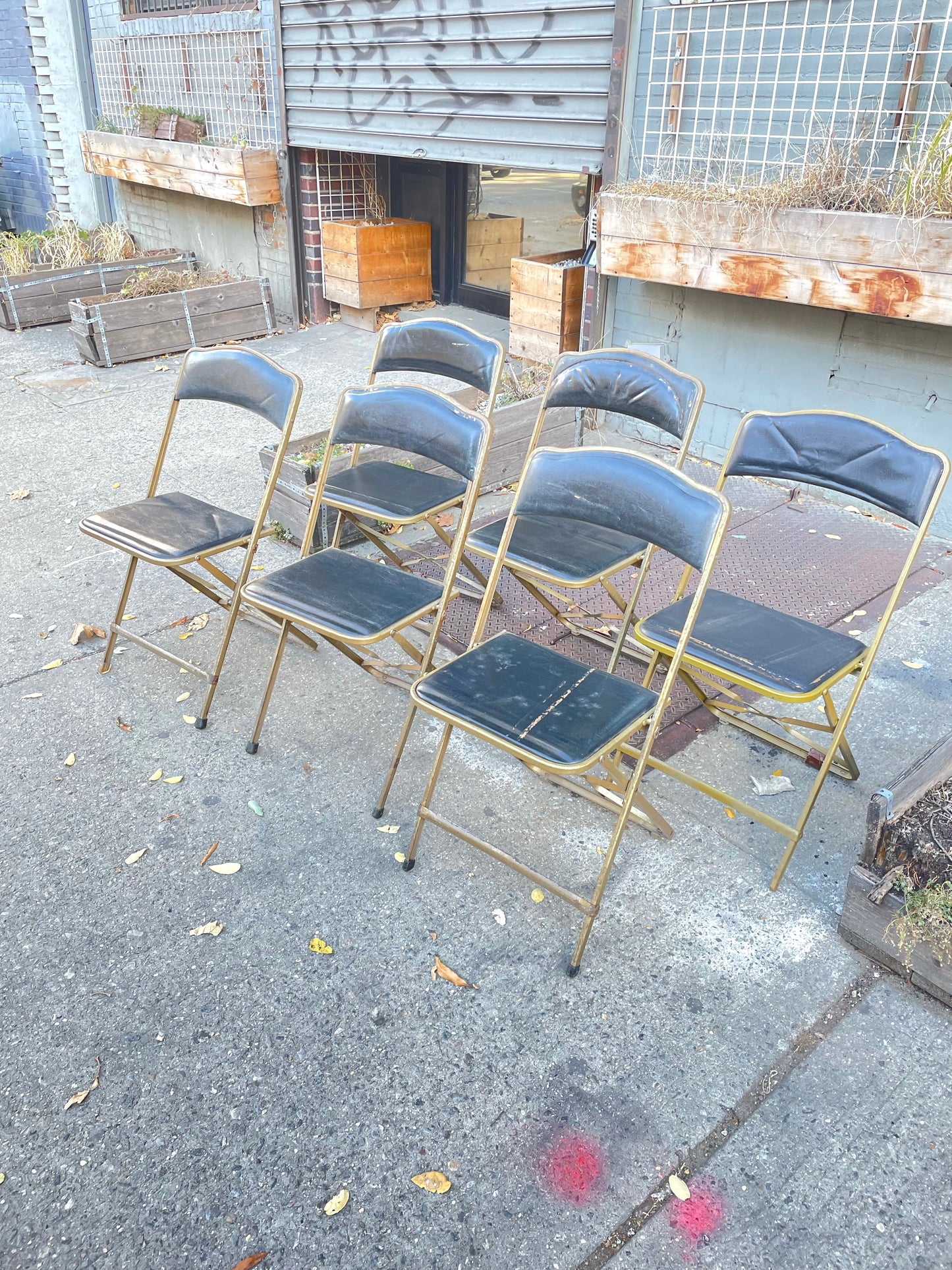 Set of 6 Brass Folding Chairs - Black Vinyl