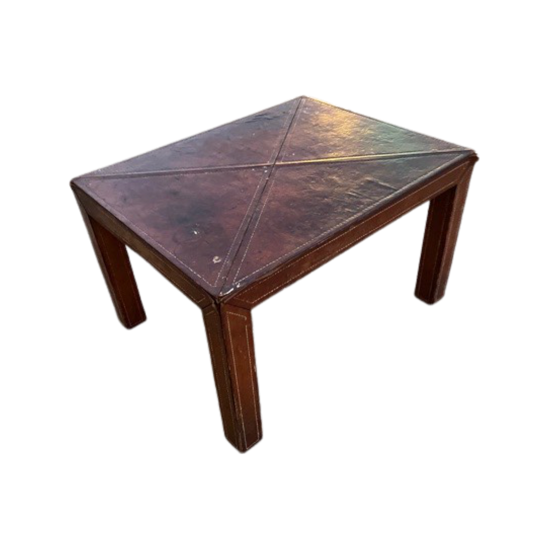 Cognac Brown Leather Patina Coffee Table with White Stitching