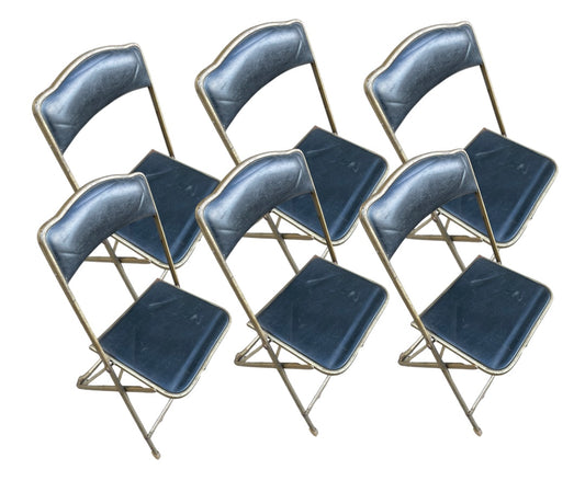 Set of 6 Brass Folding Chairs - Black Vinyl